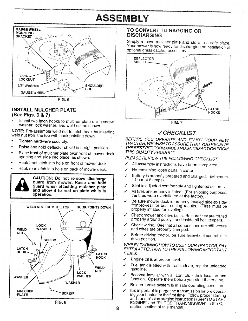 Install mulcher plate (see figs. 6 & 7), To convert to bagging or discharging, Assembly | Checklist | Sears 917.258552 User Manual | Page 9 / 56