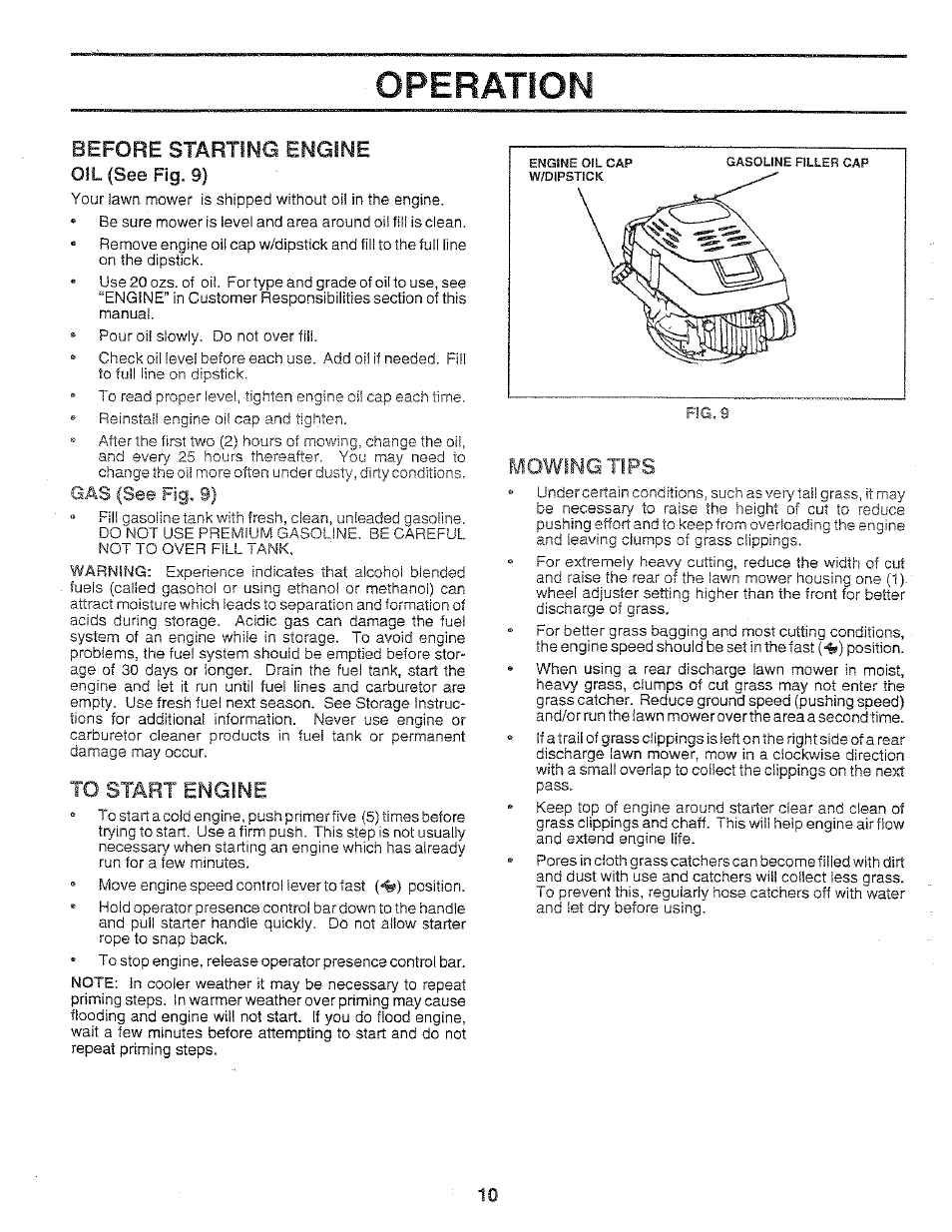 Operation, Before starting engine, Mowing tips | Sears 917.37283 User Manual | Page 10 / 28