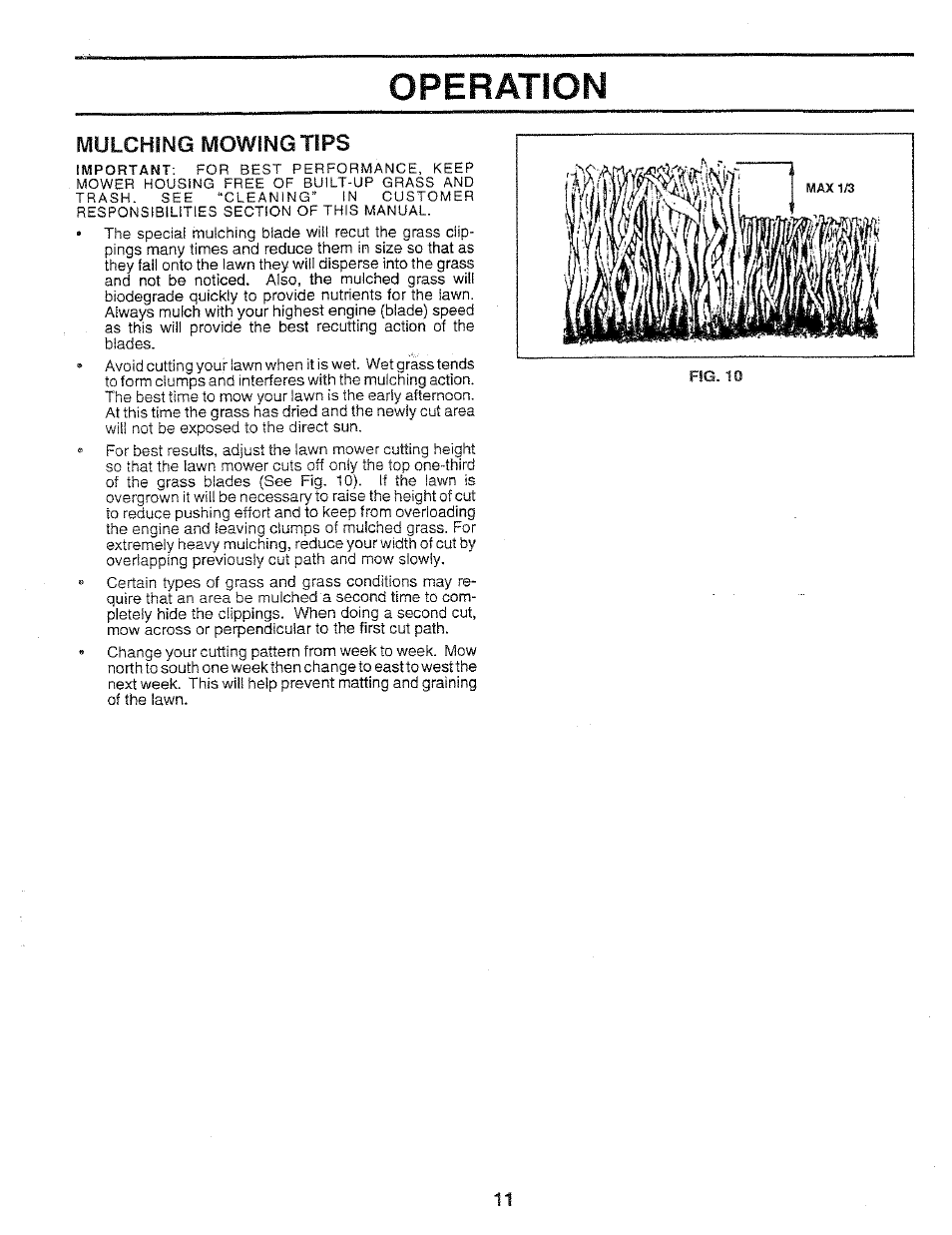 Operation, Mulching mowing tips | Sears 917.37283 User Manual | Page 11 / 28