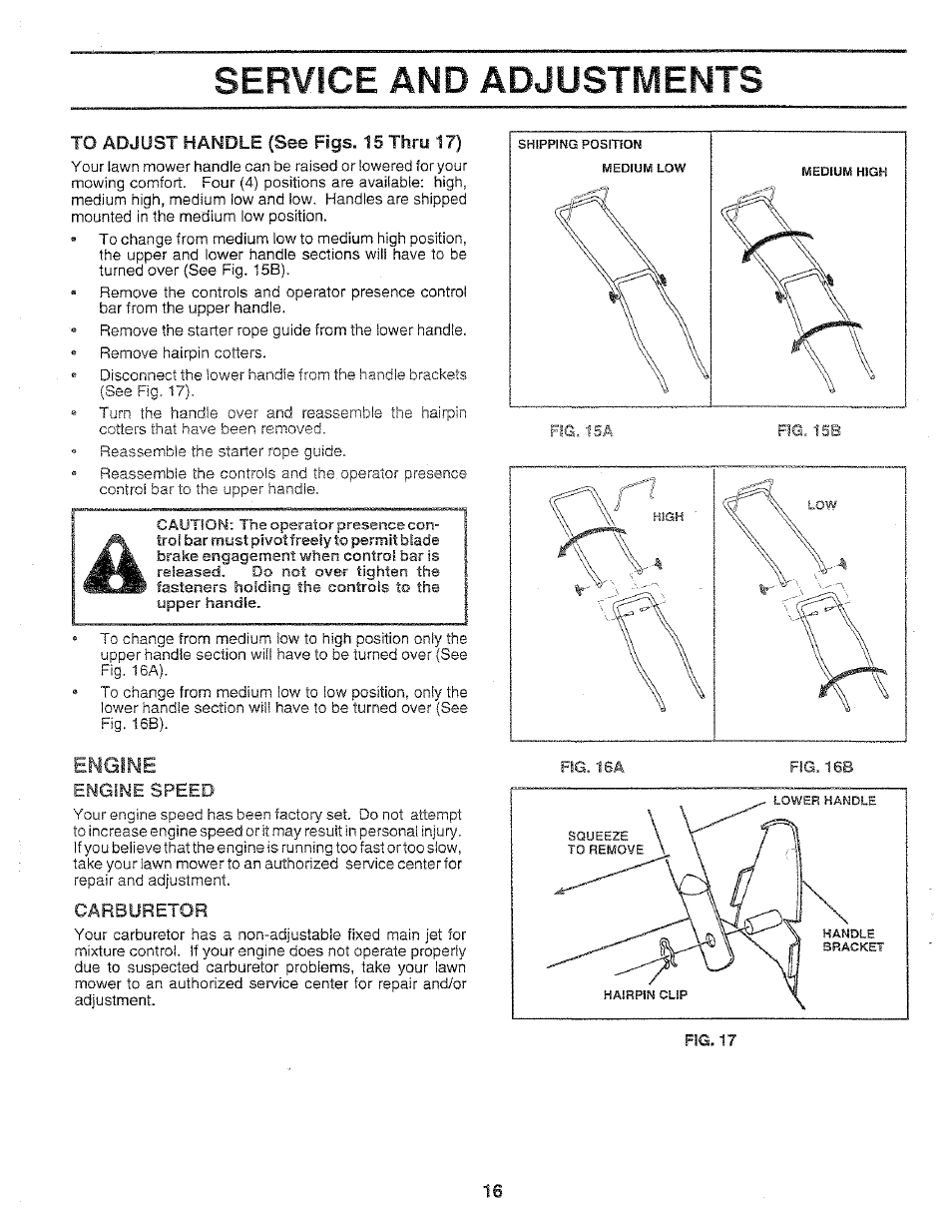 Service and adjustments, Engine | Sears 917.37283 User Manual | Page 16 / 28