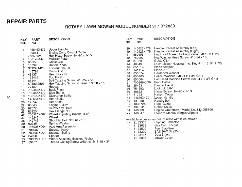 Repair parts | Sears 917.37283 User Manual | Page 21 / 28