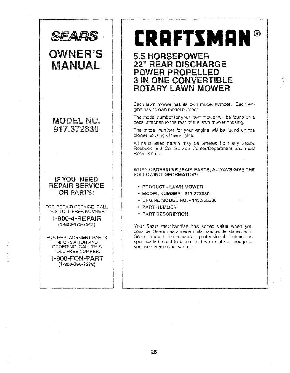 Owner’s manual, Crrftsmrn, 5 horsepower 22" rear discharge power propelled 3 | Rotary lawn, Convertible, Mower, Model | Sears 917.37283 User Manual | Page 28 / 28