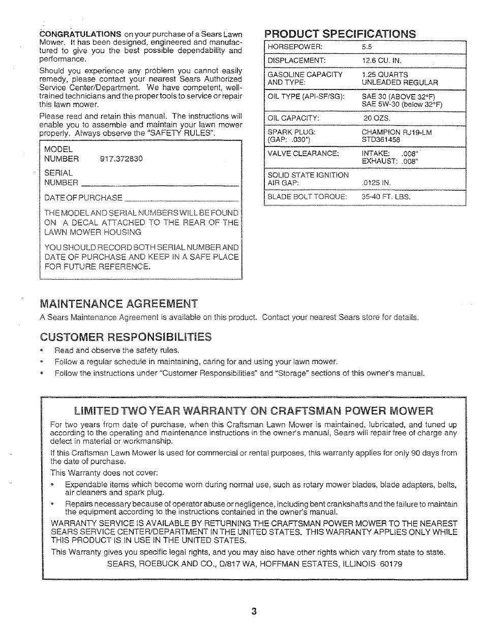 Product specifications | Sears 917.37283 User Manual | Page 3 / 28