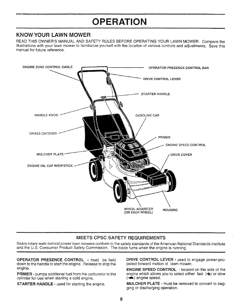 Operation, Knowyour lawn mower | Sears 917.37283 User Manual | Page 8 / 28