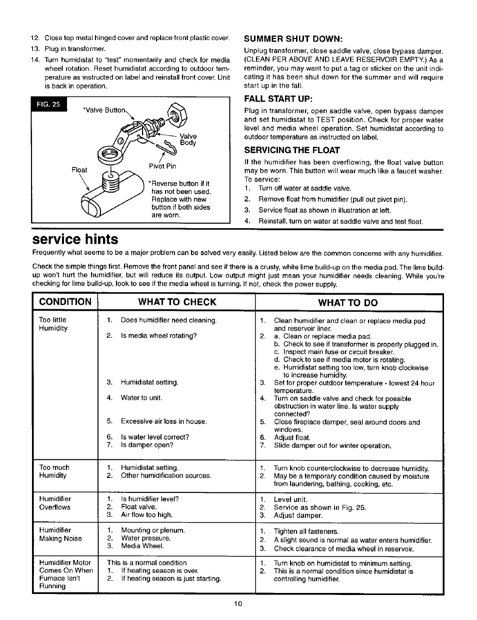 Service hints, Condition what to check what to do | Sears KENMORE 1700 User Manual | Page 10 / 13