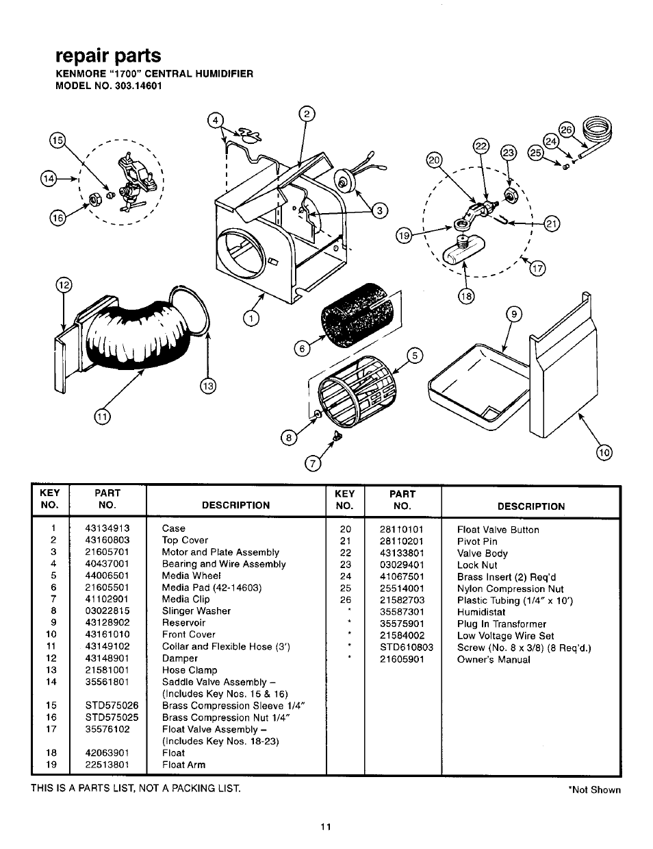 Repair parts | Sears KENMORE 1700 User Manual | Page 11 / 13