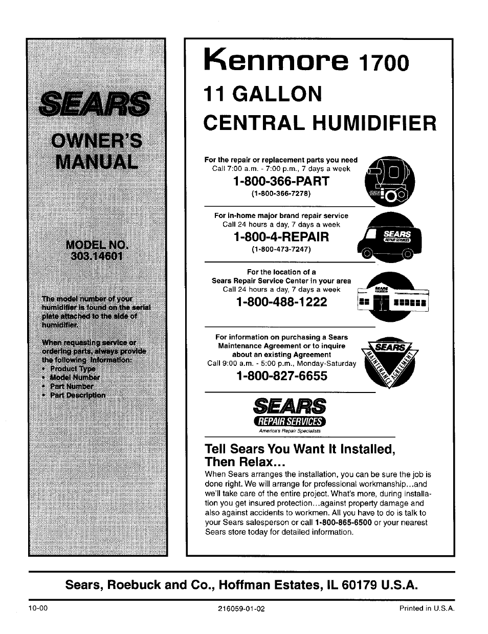 Kenmore, Owner’s manual | Sears KENMORE 1700 User Manual | Page 13 / 13