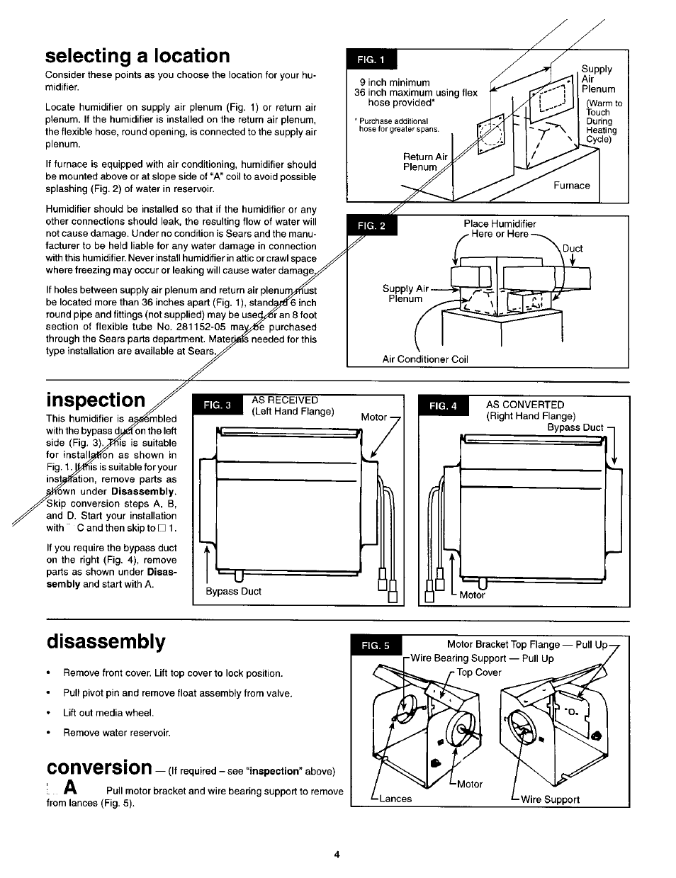 Selecting a location, Disassembly, Inspection | Conversion | Sears KENMORE 1700 User Manual | Page 4 / 13