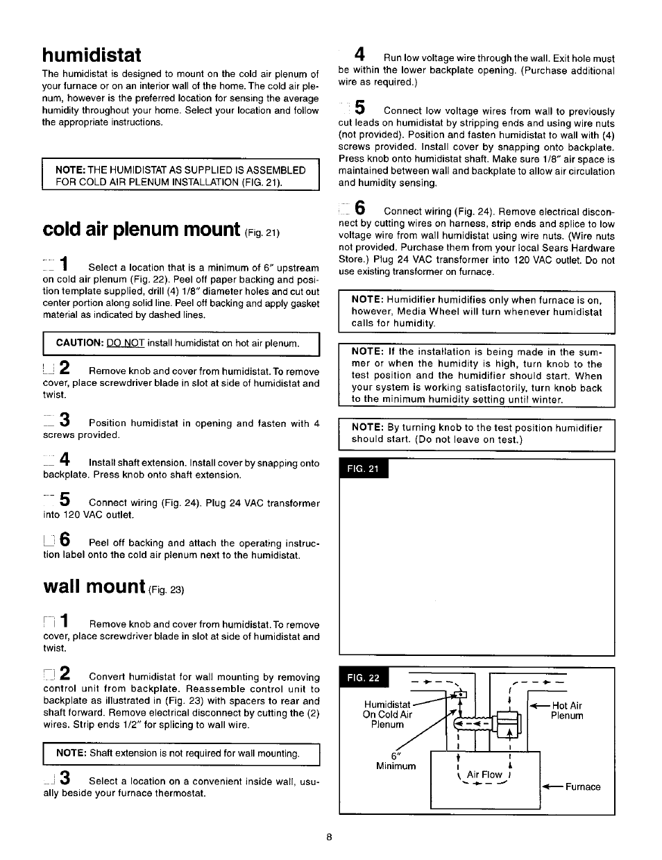 Humidistat, Cold air plenum mount (rg 21), Wall mount | Cold air plenum mount (rg, I. j | Sears KENMORE 1700 User Manual | Page 8 / 13