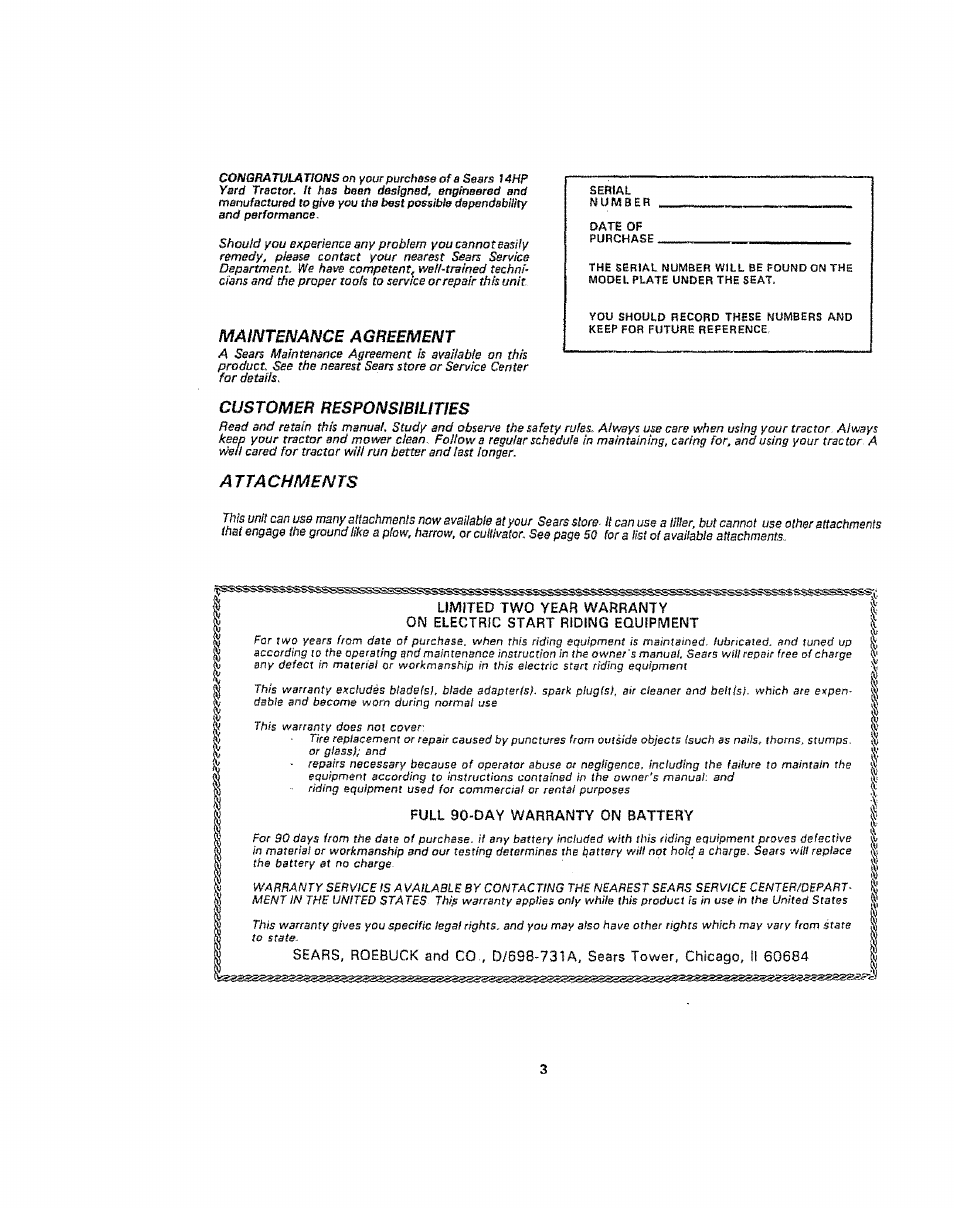 Maintenance agreement, Customer responsibilities, Attachments | Sears 917.254710 User Manual | Page 3 / 52