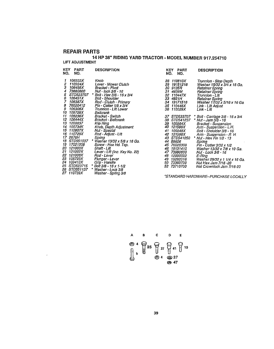 Repair parts | Sears 917.254710 User Manual | Page 39 / 52