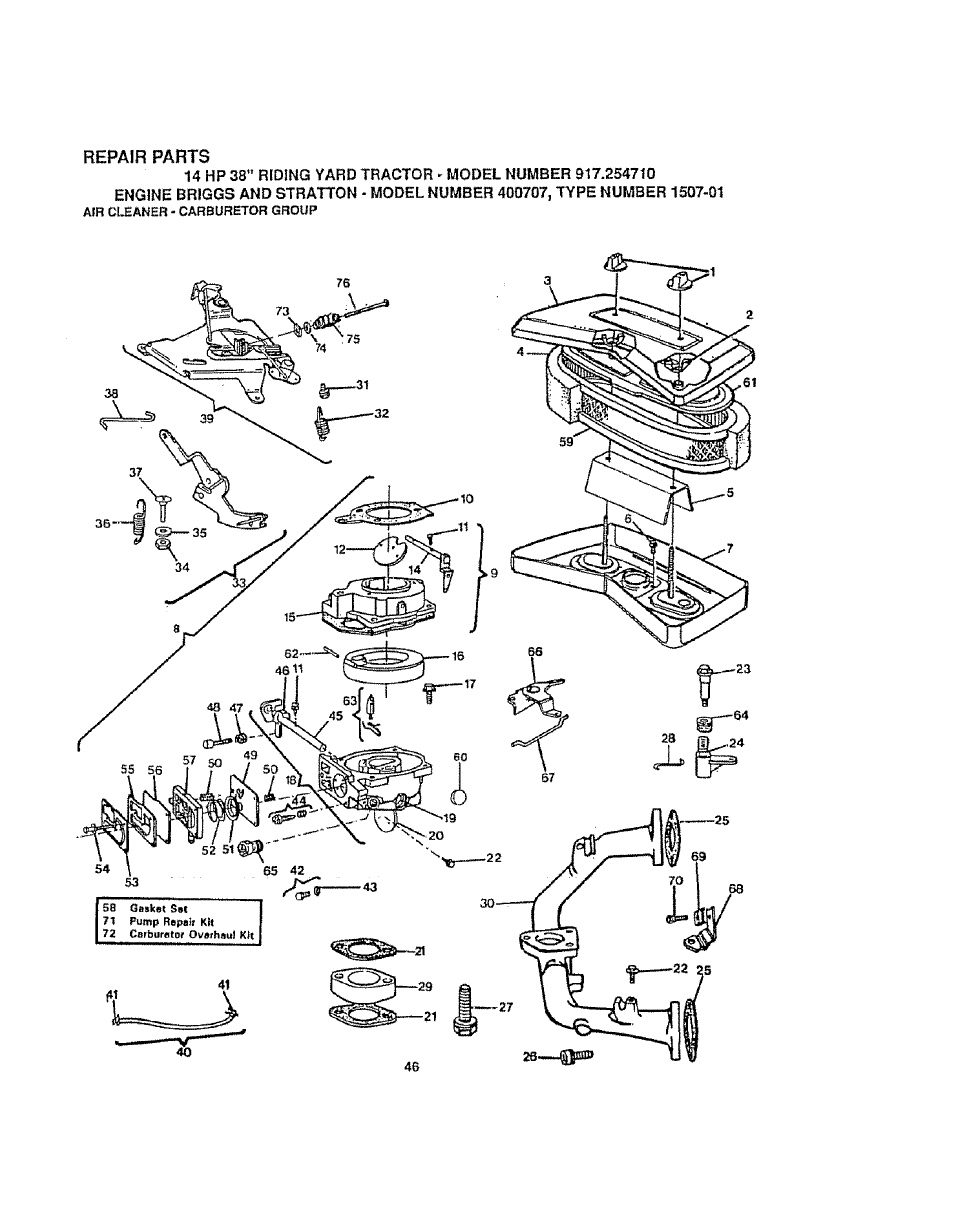 Repair parts | Sears 917.254710 User Manual | Page 46 / 52