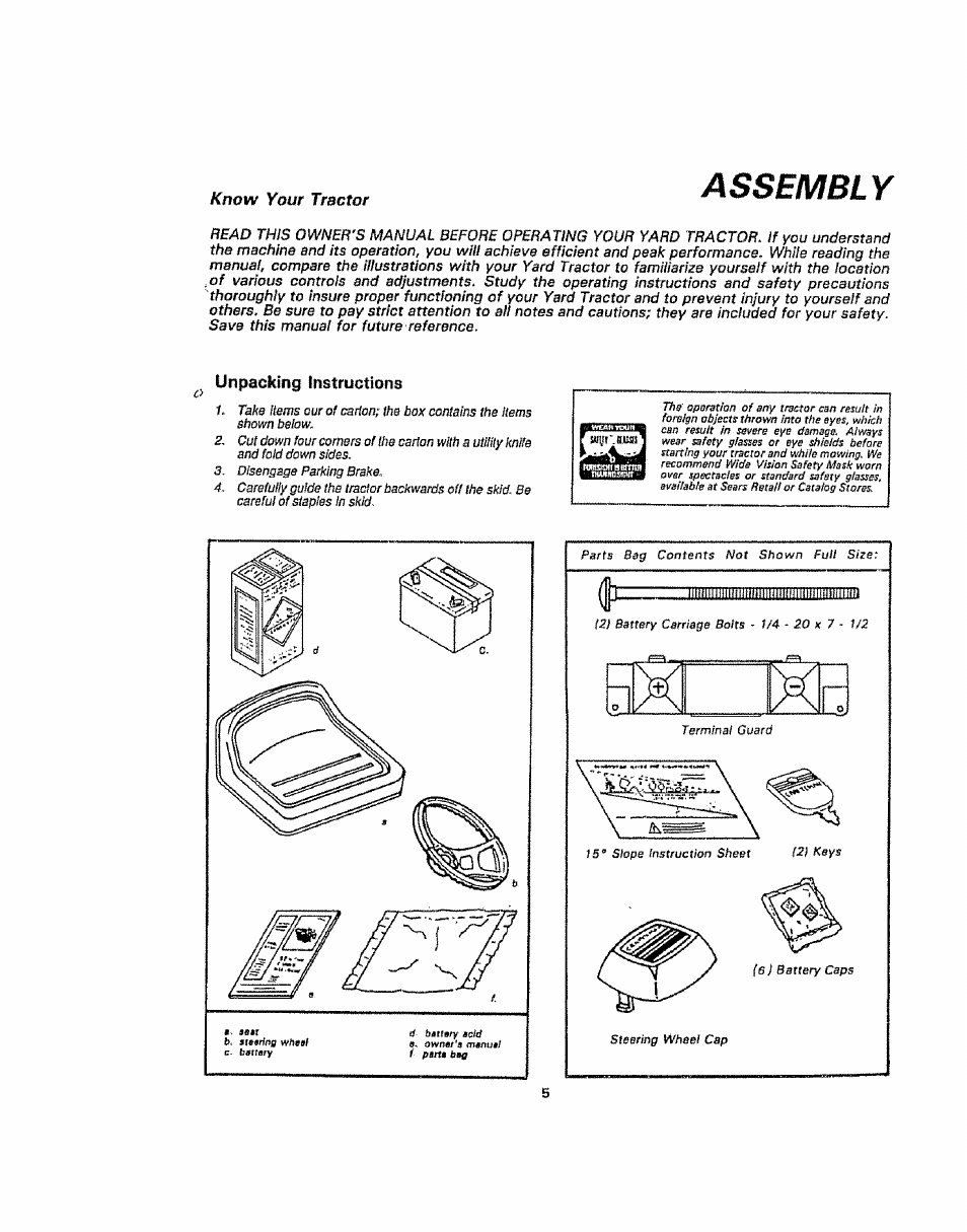 Assembly, Unpacking instructions, Know your tractor | Sears 917.254710 User Manual | Page 5 / 52
