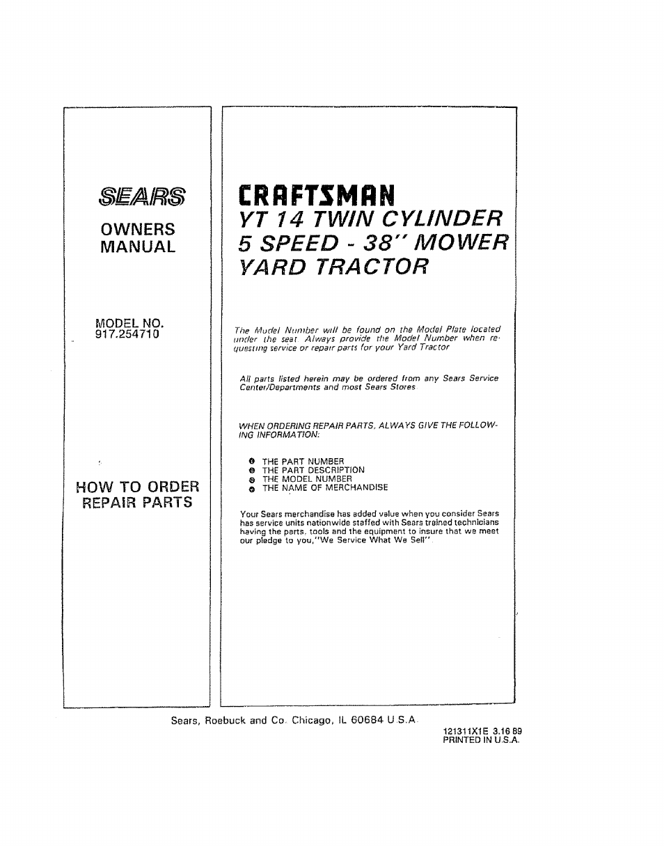 Owners, Manual, How to order repair parts | Craftsman, Owners manual | Sears 917.254710 User Manual | Page 52 / 52