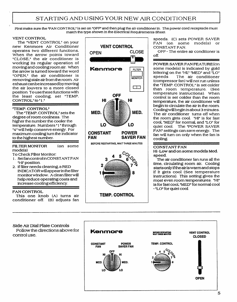 Vent control, Kenmore, Constant | Power saver fan, Temp. control, Starting and using your new air conditioner | Sears P/N93SR-D02 User Manual | Page 5 / 16