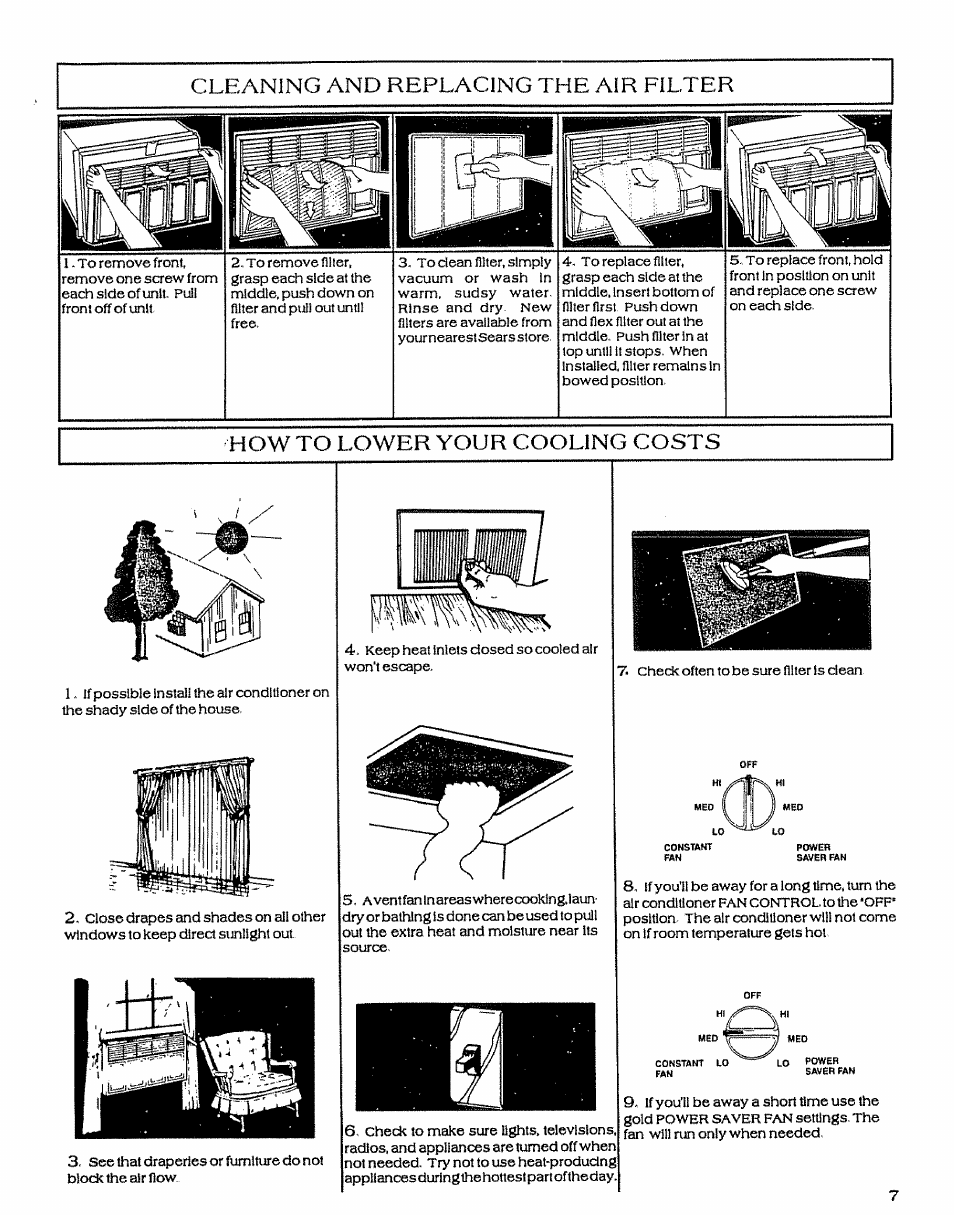Cleaning and replacing the air filter, How to lower your cooling costs | Sears P/N93SR-D02 User Manual | Page 7 / 16