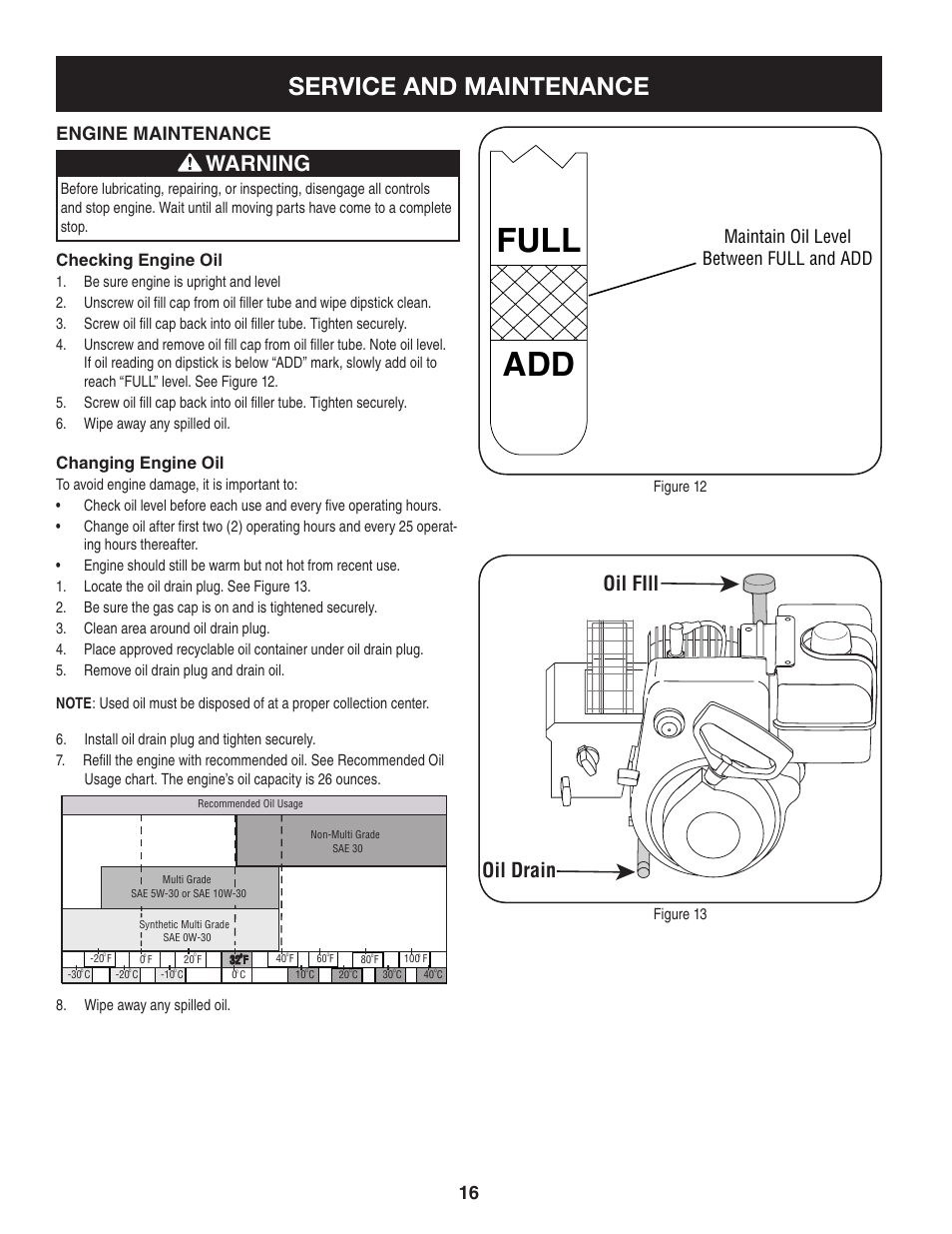 Full add, Service and maintenance, Warning | Oil fill oil drain, Engine maintenance, Maintain oil level between full and add, Checking engine oil, Changing engine oil | Sears 247.8879 User Manual | Page 16 / 64