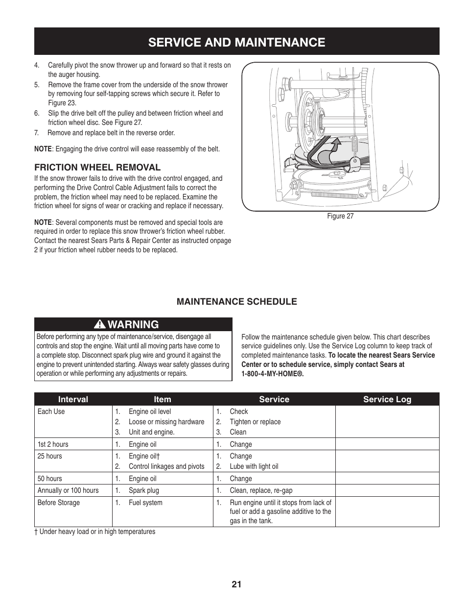 Service and maintenance, Warning | Sears 247.8879 User Manual | Page 21 / 64