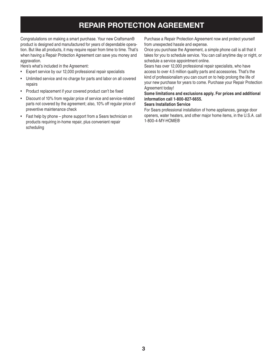 Repair protection agreement | Sears 247.8879 User Manual | Page 3 / 64