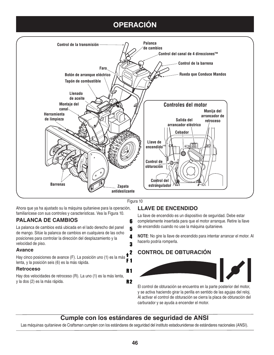 Operación, Cumple con los estándares de seguridad de ansi | Sears 247.8879 User Manual | Page 46 / 64