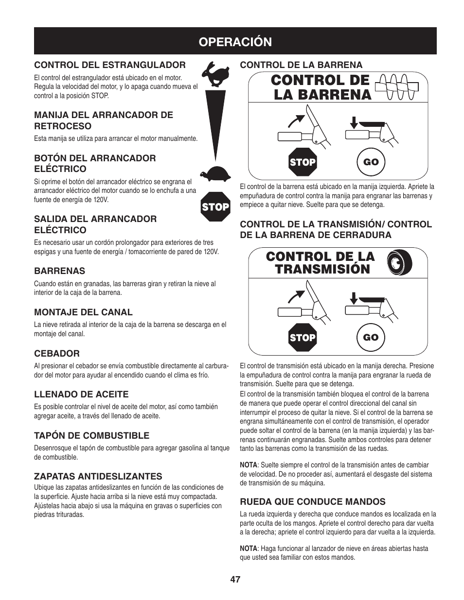 Control de la barrena, Control de la transmisión, Operación | Sears 247.8879 User Manual | Page 47 / 64