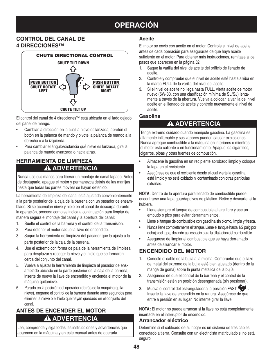 Operación, Advertencia | Sears 247.8879 User Manual | Page 48 / 64