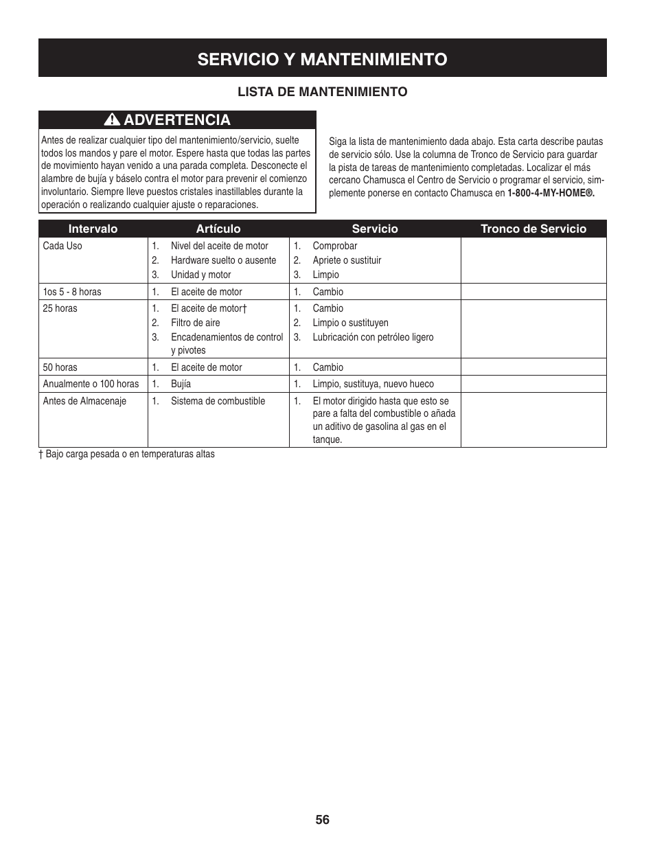 Servicio y mantenimiento, Advertencia | Sears 247.8879 User Manual | Page 56 / 64