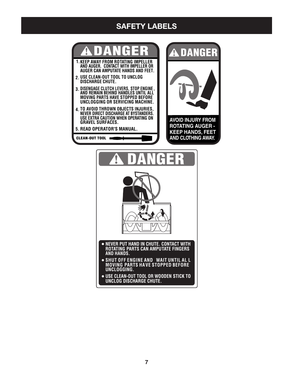 Danger, Safety labels | Sears 247.8879 User Manual | Page 7 / 64