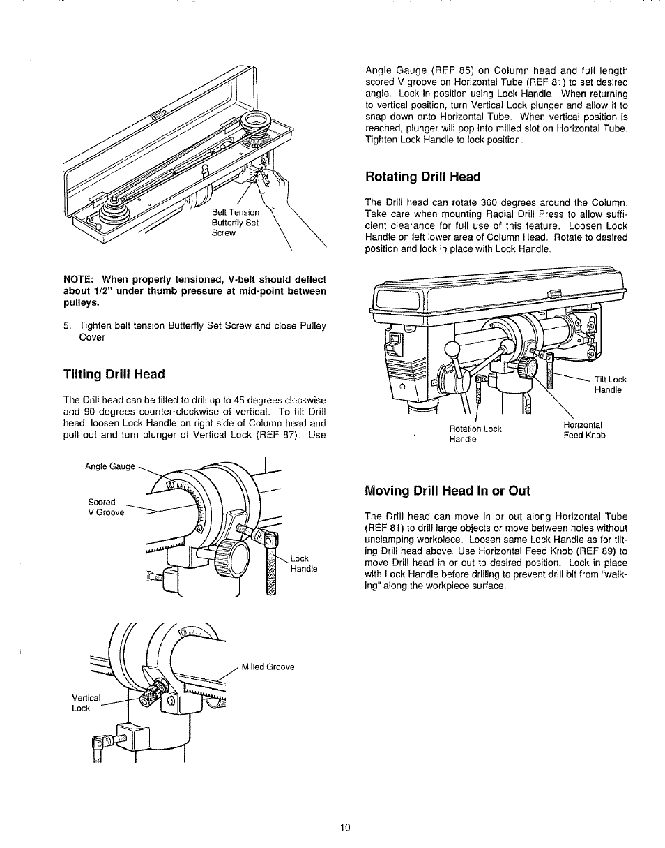 Tilting drill head, Rotating drill head, Moving drill head in or out | Sears 149.213340 User Manual | Page 10 / 16