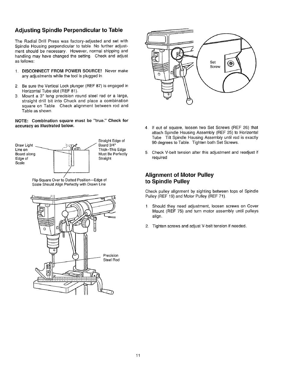 Adjusting spindle perpendicular to table, Alignment of motor pulley to spindle pulley | Sears 149.213340 User Manual | Page 11 / 16