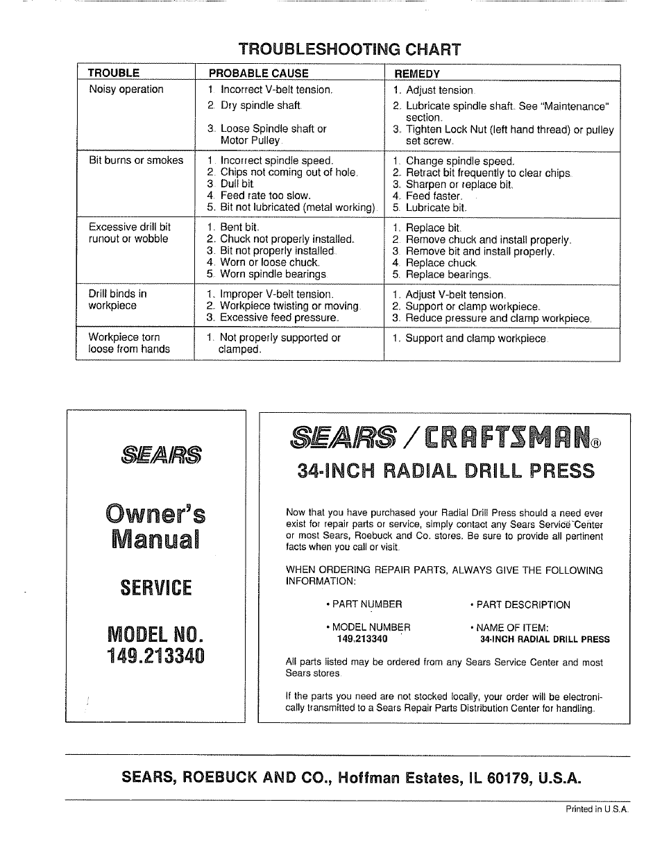 Owner’s manual, Troubleshooting chart | Sears 149.213340 User Manual | Page 16 / 16