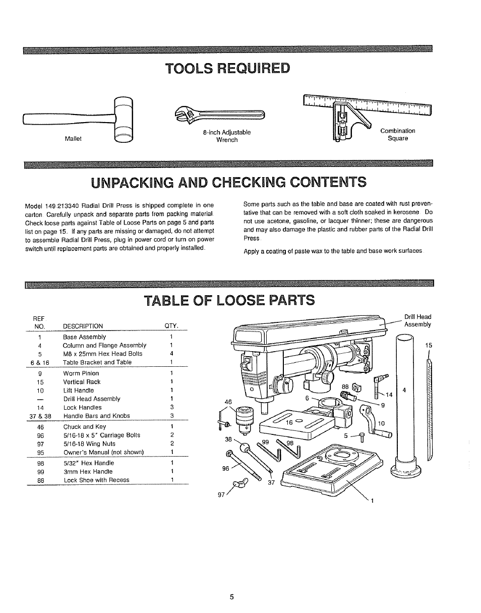 Tools required, Unpacking and checking contents, Table of loose parts | Sears 149.213340 User Manual | Page 5 / 16