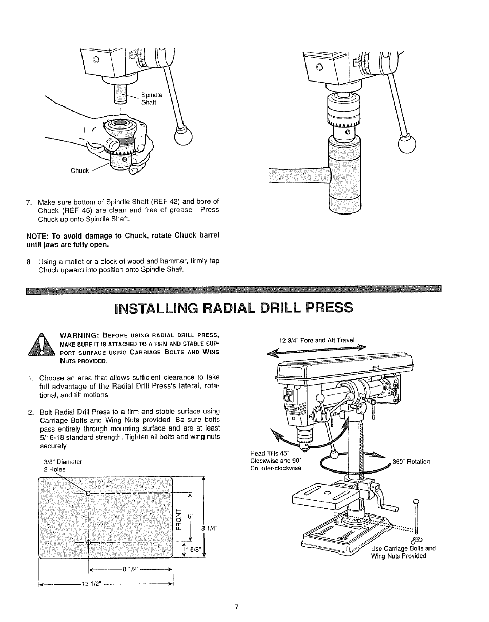 Installing radial drill press | Sears 149.213340 User Manual | Page 7 / 16