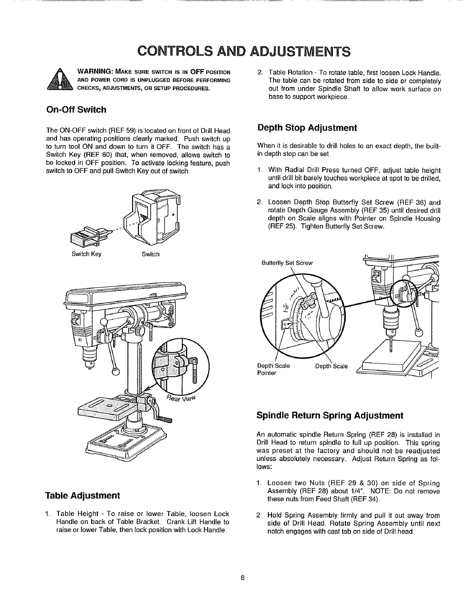 Controls and adjustments, On-off switch, Depth stop adjustment | Spindle return spring adjustment, Table adjustment | Sears 149.213340 User Manual | Page 8 / 16