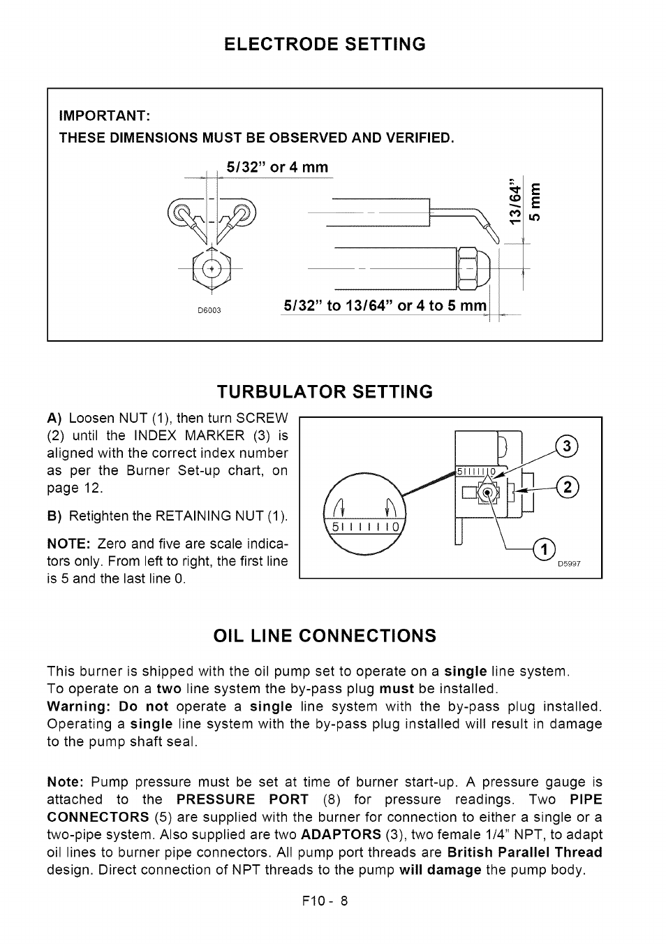 Electrode setting, Turbulator setting, Oil line connections | Electrode setting turbulator setting | Sears Riello F10 User Manual | Page 10 / 20