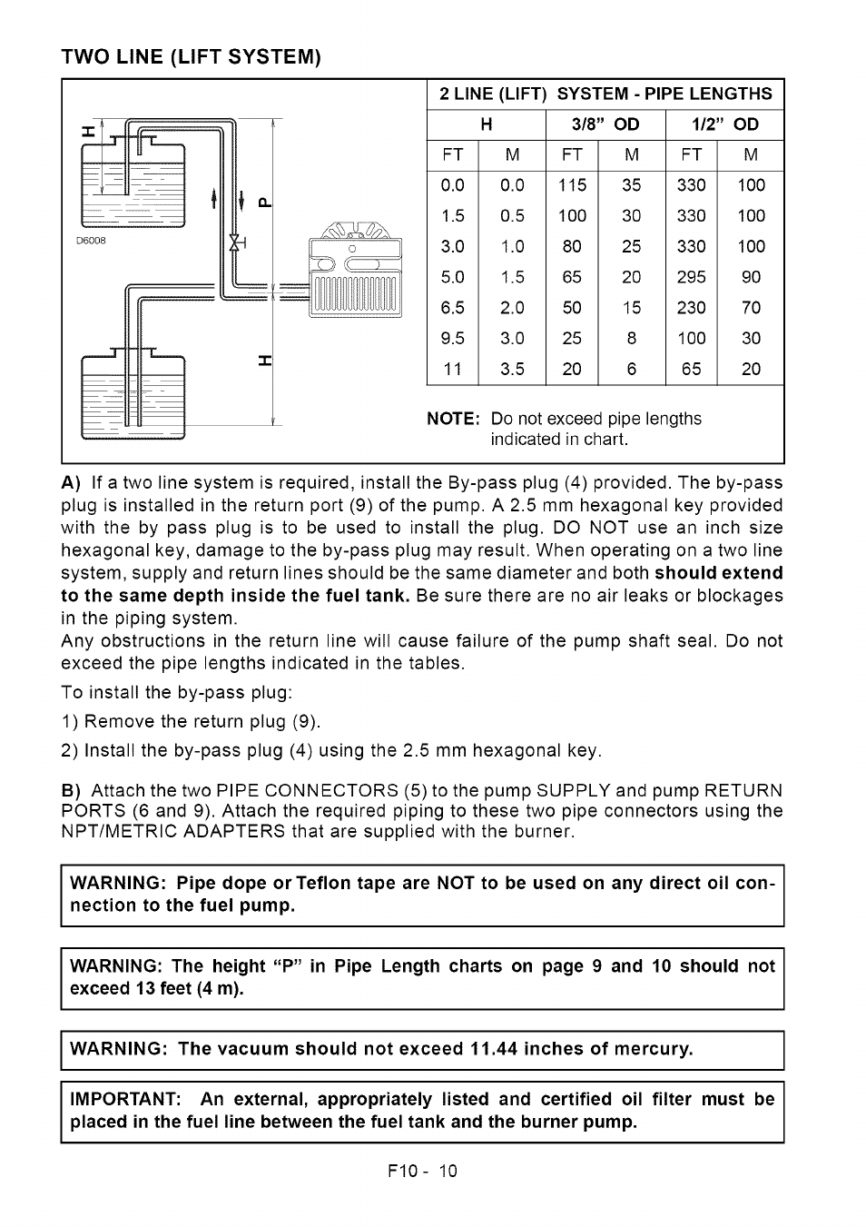 Two line (lift system) | Sears Riello F10 User Manual | Page 12 / 20