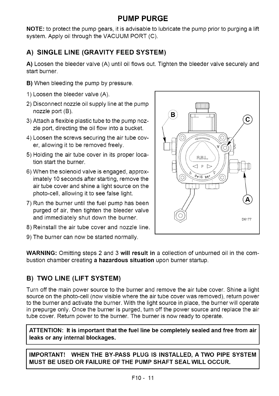 Pump purge, A) single line (gravity feed system), B) two line (lift system) | Single line (gravity feed system), Two line (lift system) | Sears Riello F10 User Manual | Page 13 / 20