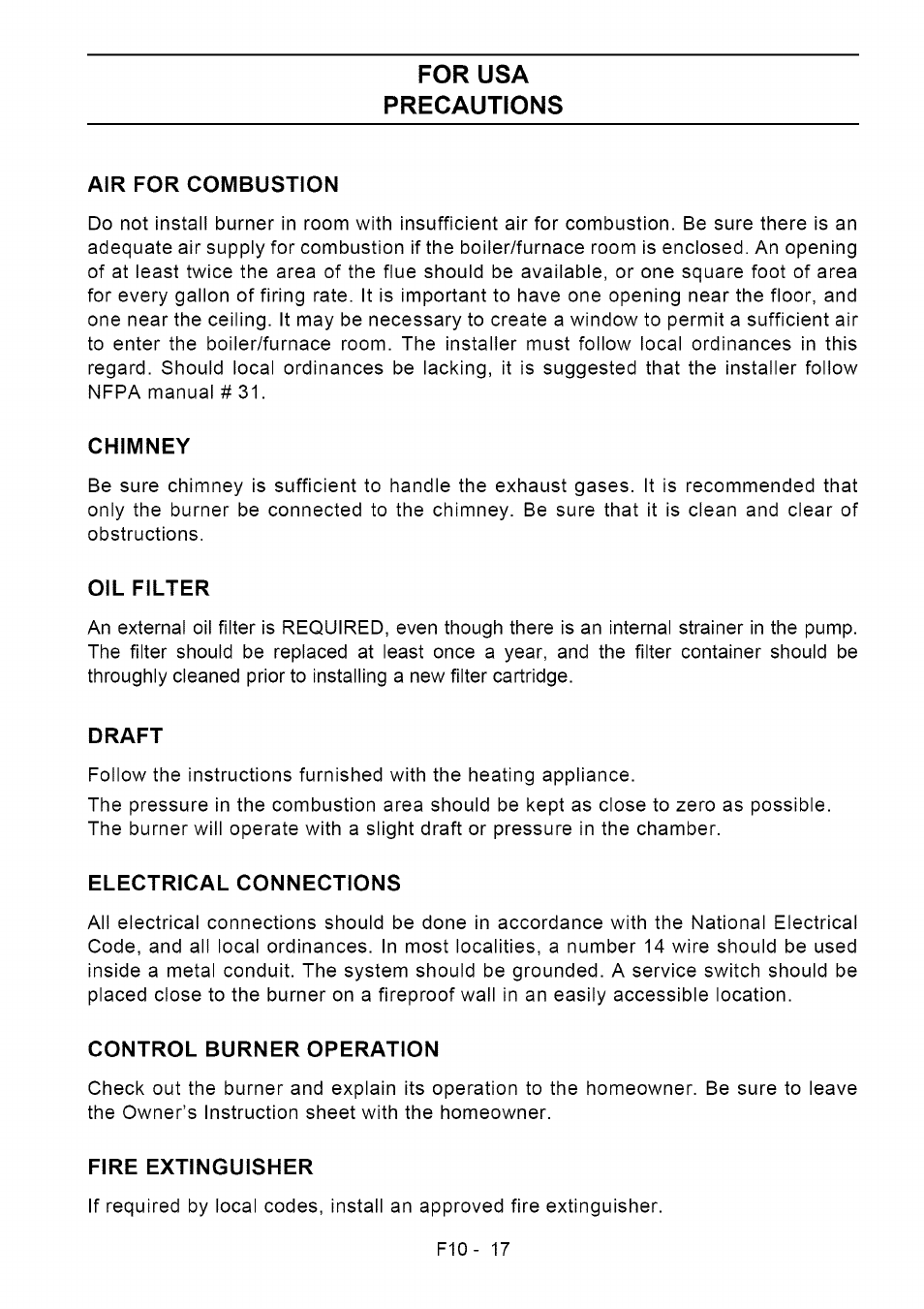 For usa precautions, Air for combustion, Chimney | Oil filter, Draft, Electrical connections, Control burner operation, Fire extinguisher | Sears Riello F10 User Manual | Page 19 / 20