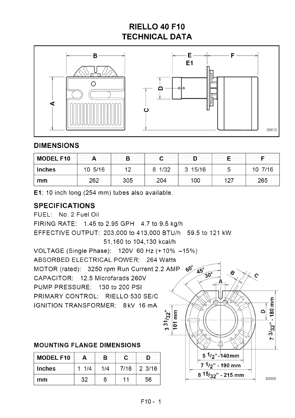 Riello 40 f10 technical data, Dimensions, Specifications | Sears Riello F10 User Manual | Page 3 / 20