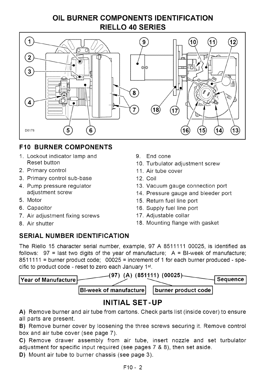 Serial number identification, Initial set-up, Oil burner components identification | Sears Riello F10 User Manual | Page 4 / 20