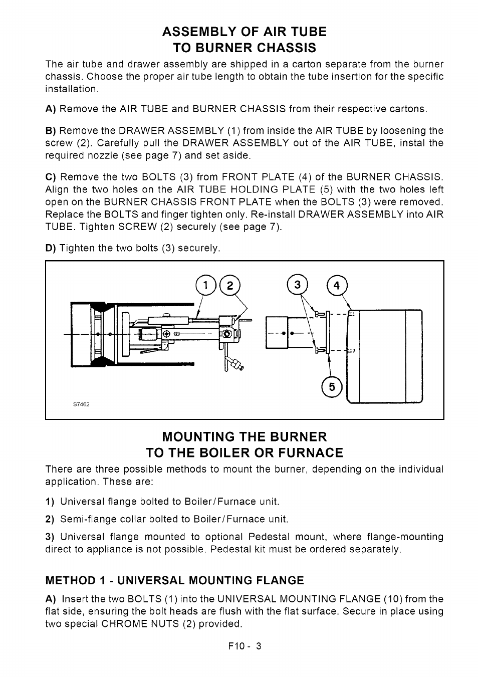 Assembly of air tube to burner chassis, Mounting the burner to the boiler or furnace, Method 1 - universal mounting flange | Mounting the burner to boiler or furnace, Method 1- universal mounting flange | Sears Riello F10 User Manual | Page 5 / 20