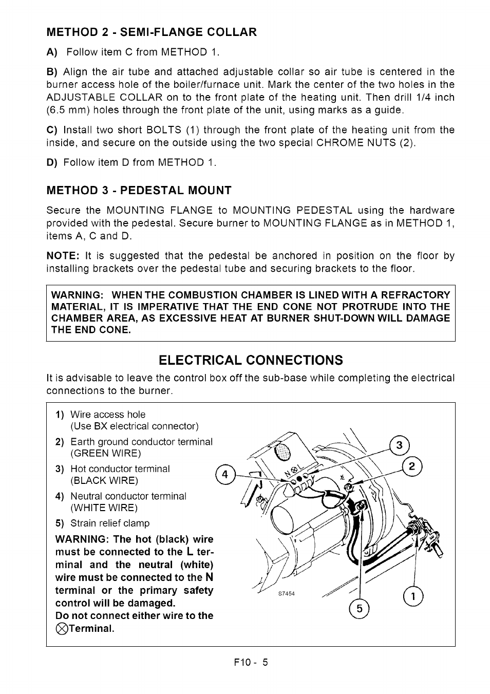 Method 2 - semi-flange collar, Method 3 - pedestal mount, Electrical connections | Method 2- semi-flange collar, Method 3- pedestal mount | Sears Riello F10 User Manual | Page 7 / 20