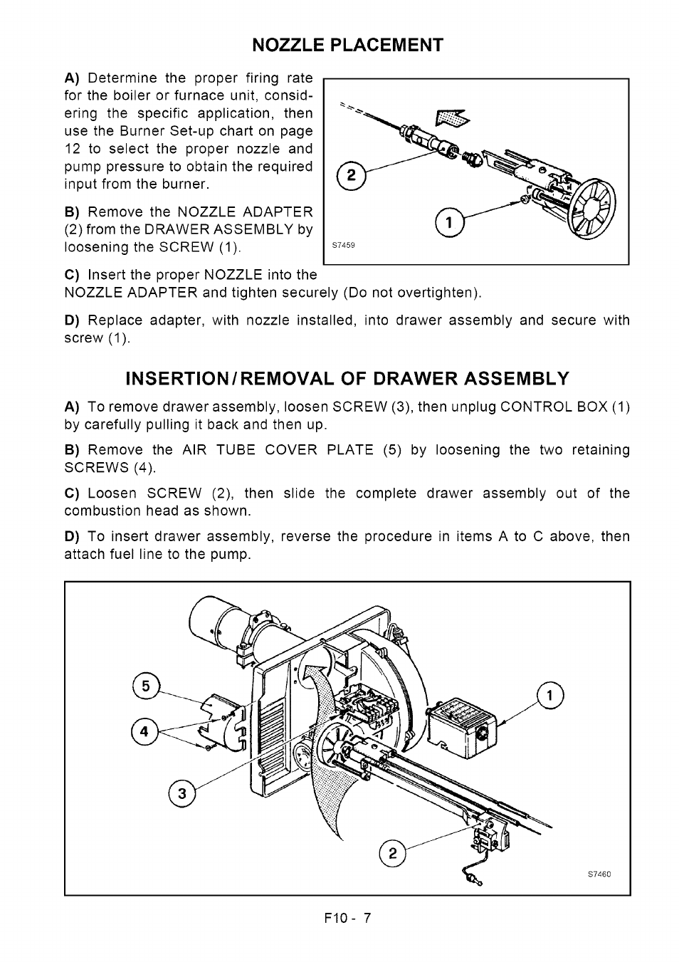 Nozzle placement, Insertion/removal of drawer assembly | Sears Riello F10 User Manual | Page 9 / 20