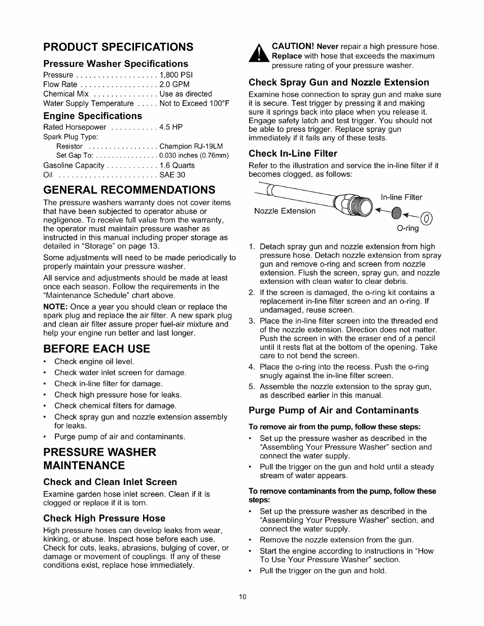 Product specifications, Pressure washer specifications, Engine specifications | General recommendations, Before each use, Pressure washer maintenance, Check and clean inlet screen, Check high pressure hose, Check spray gun and nozzle extension, Check in-line filter | Sears 580.76101 User Manual | Page 10 / 40