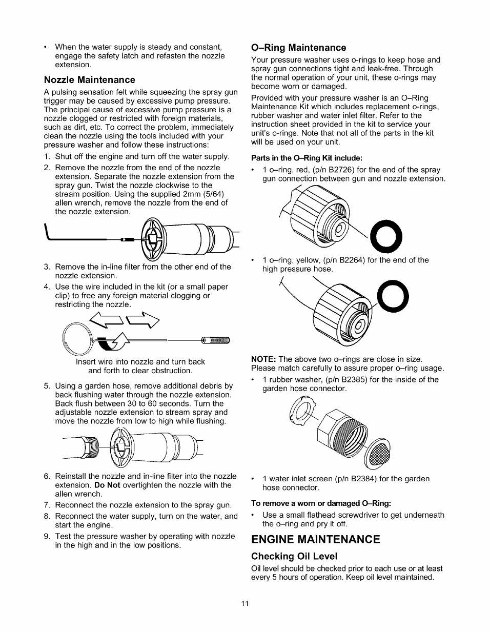 Nozzle maintenance, Ring maintenance, Engine maintenance | Checking oil level | Sears 580.76101 User Manual | Page 11 / 40