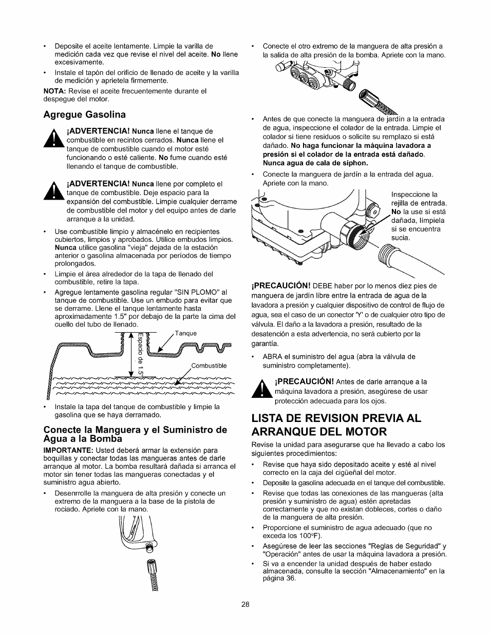 Lista de revision previa al arranque del motor | Sears 580.76101 User Manual | Page 28 / 40