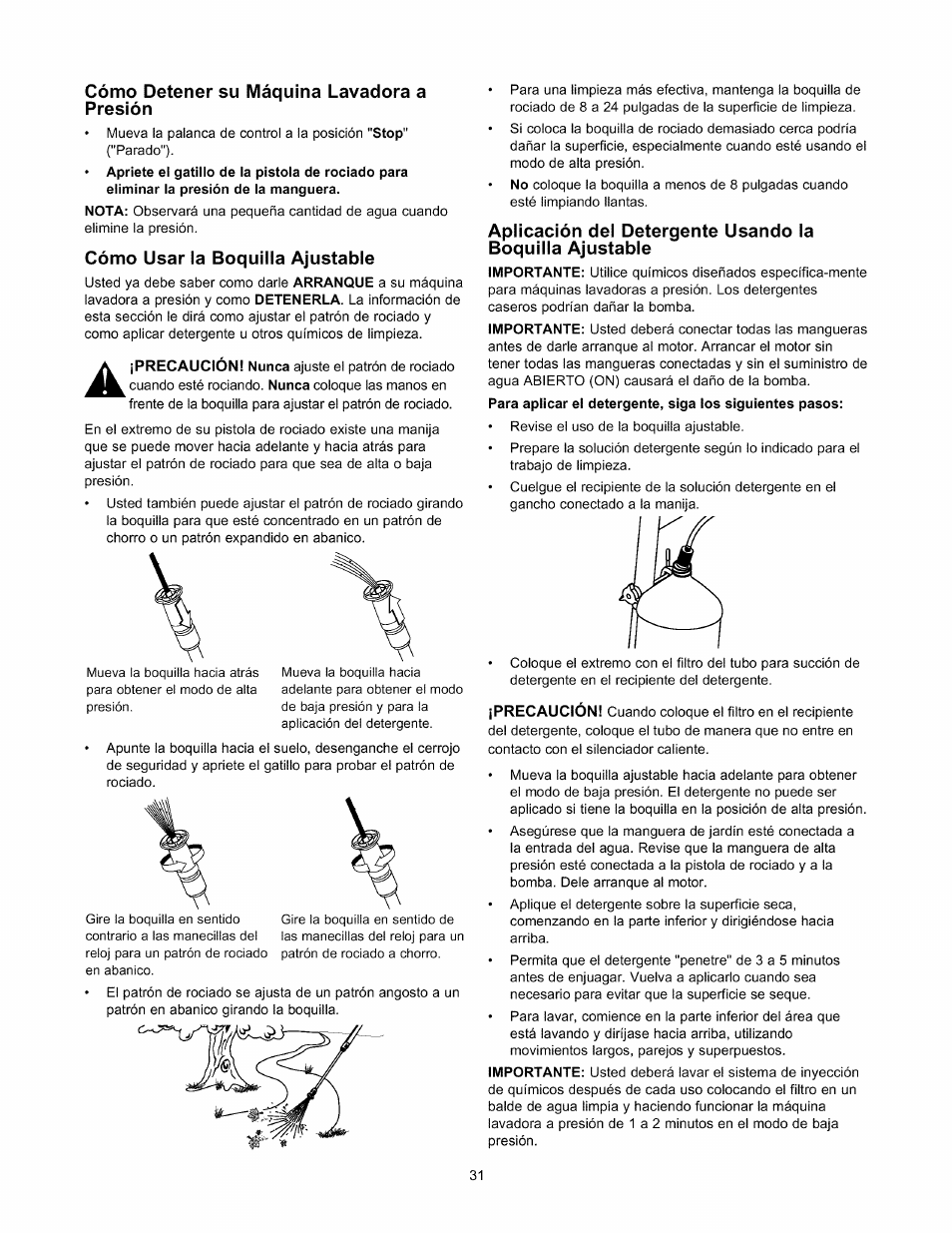 Cómo usar ia boquiiia ajustabie, Cómo detener su máquina lavadora a presión | Sears 580.76101 User Manual | Page 31 / 40