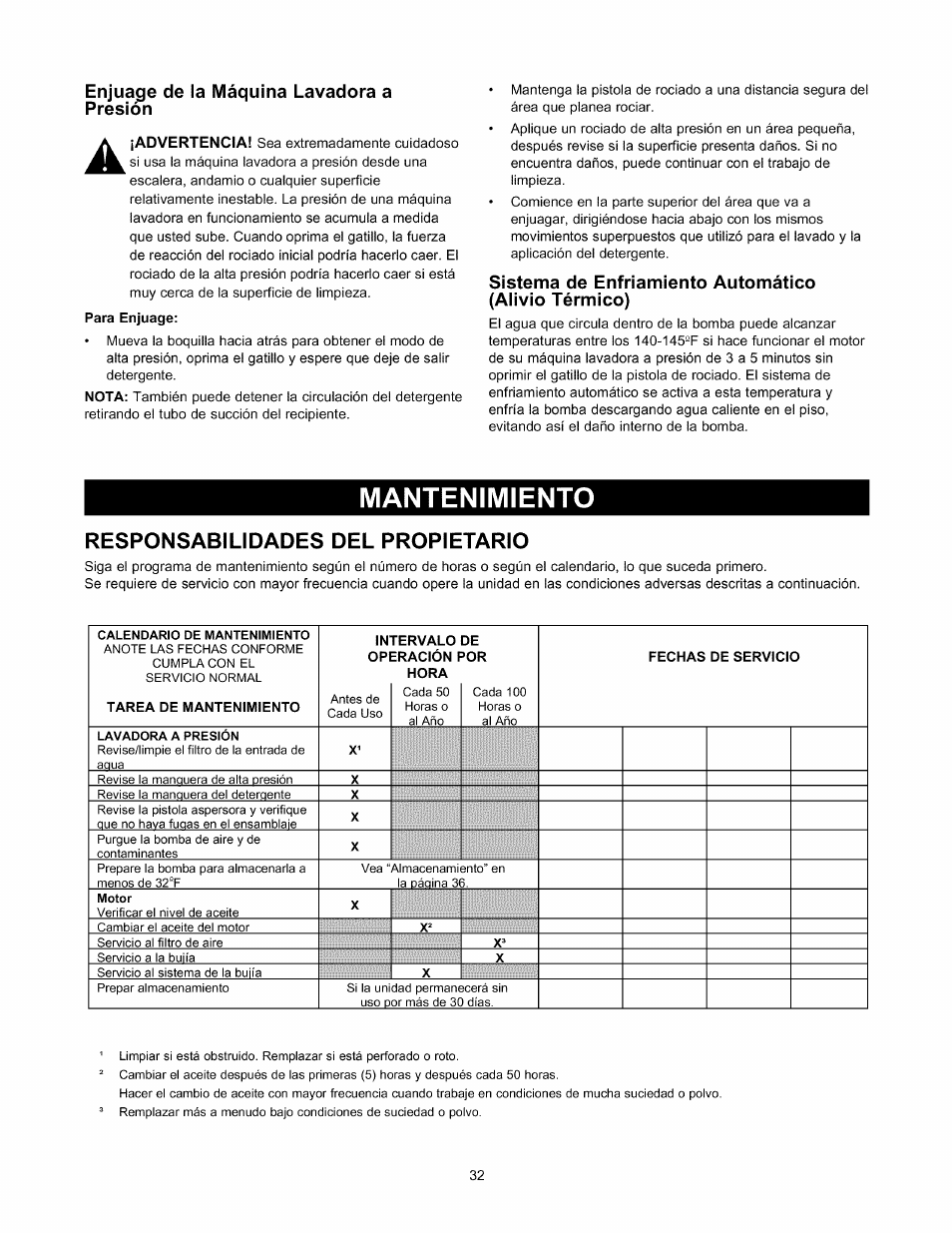 Mantenimiento, Responsabilidades del propietario, Mantenimiento -36 | Enjua^e de la máquina lavadora a presión | Sears 580.76101 User Manual | Page 32 / 40