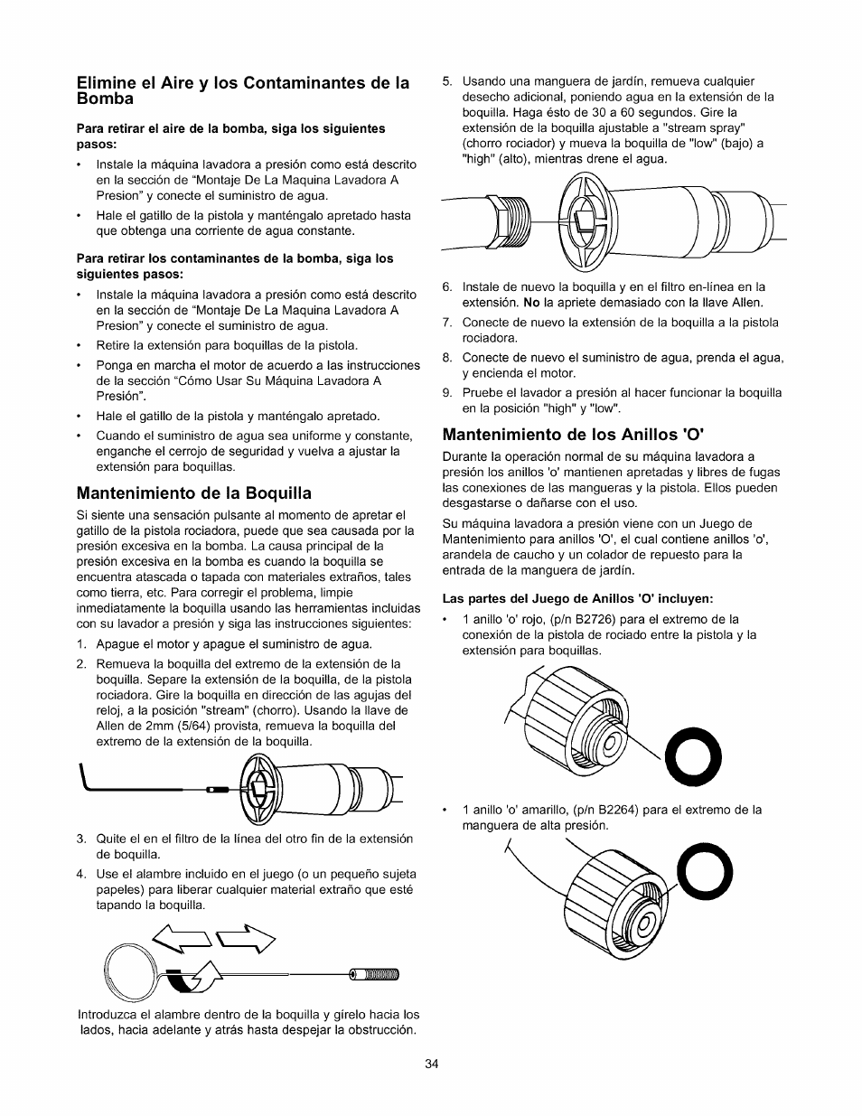 Elimine el aire y los contaminantes de la bomba, Mantenimiento de la boquilla, Mantenimiento de los anillos 'o | Sears 580.76101 User Manual | Page 34 / 40