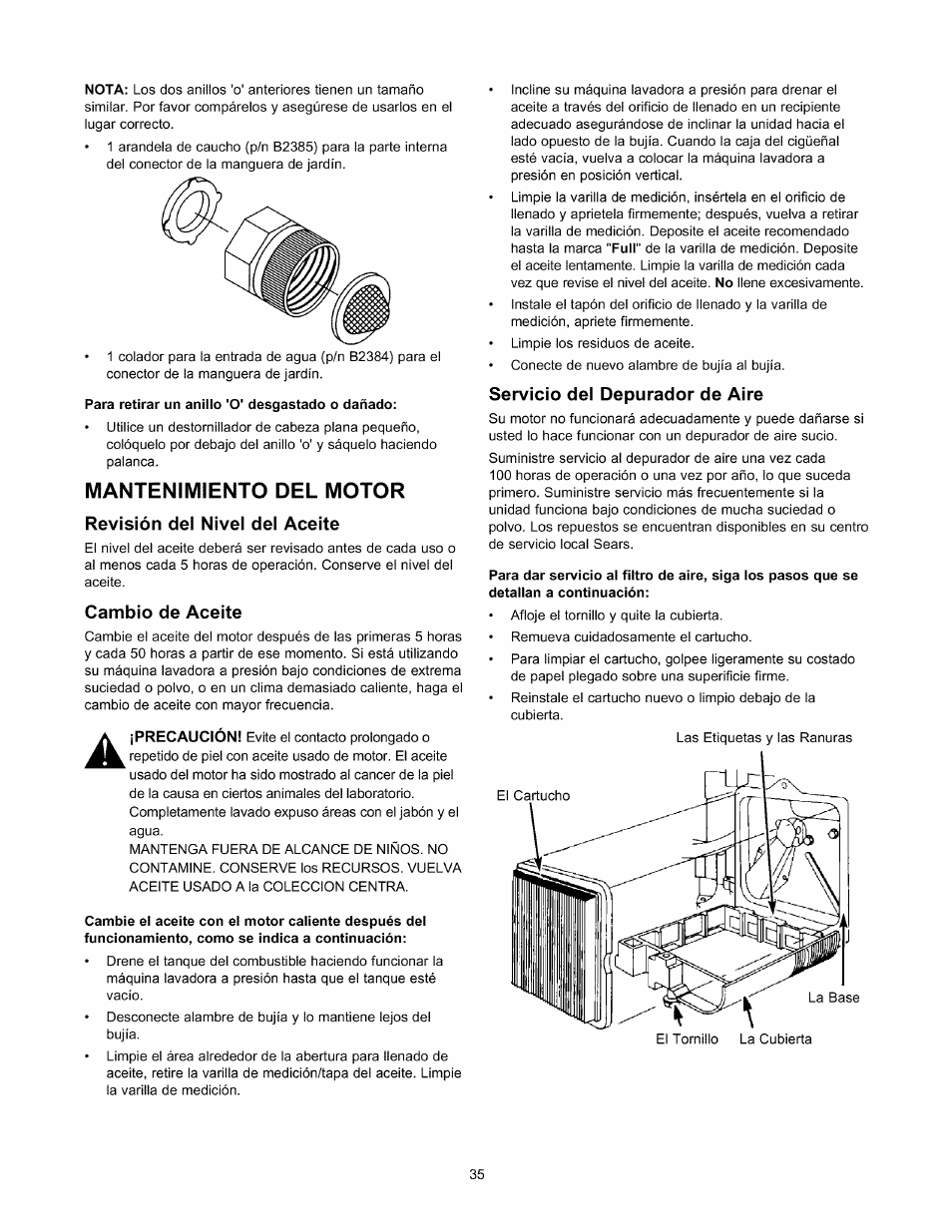 Mantenimiento del motor, Revisión del nivel del aceite, Cambio de aceite | Servicio del depurador de aire | Sears 580.76101 User Manual | Page 35 / 40